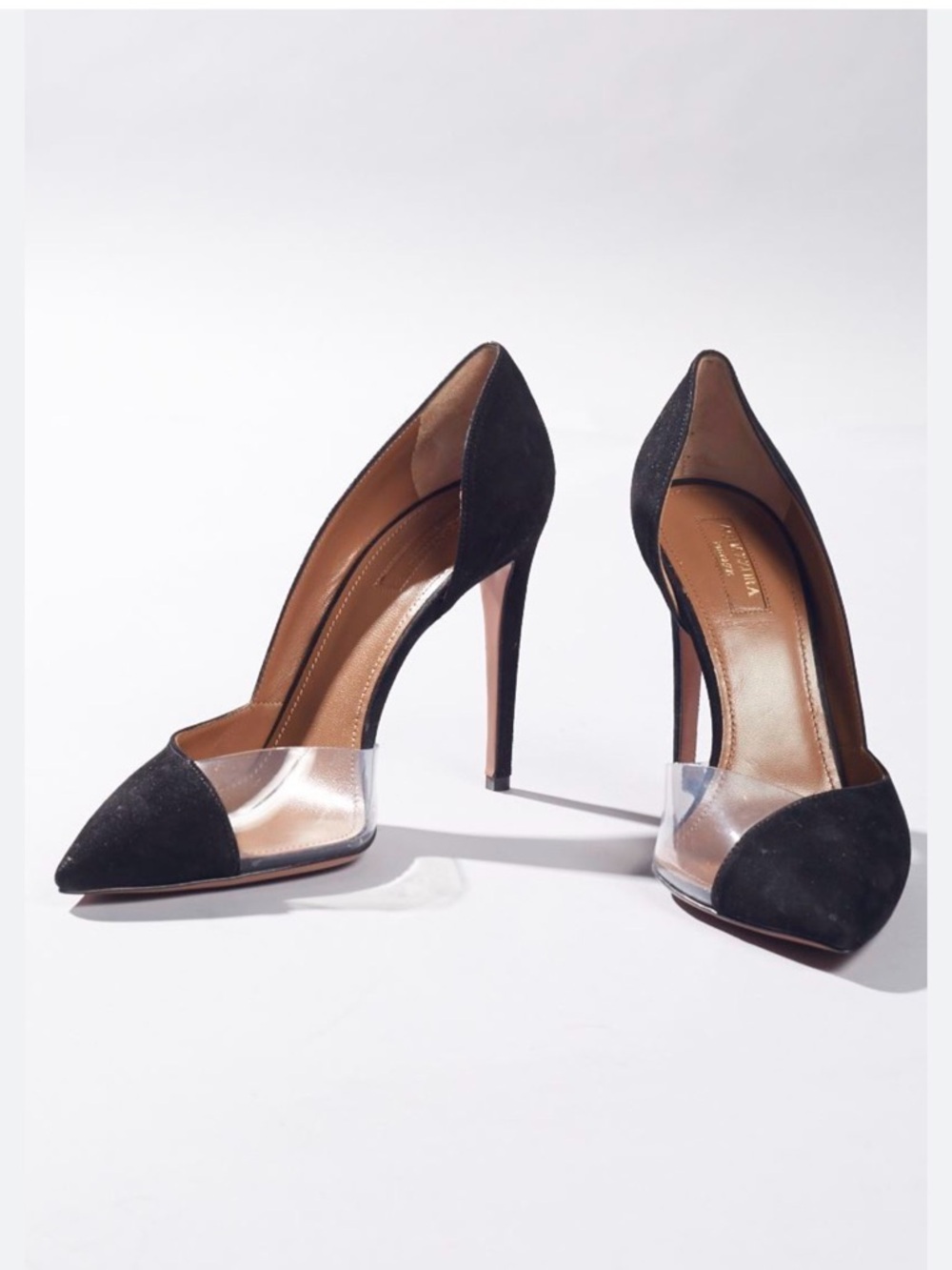 Aquazzura Black Pointed Suede and Clear-Panel Stiletto Pumps. Black. Size 38
